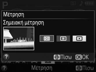 Έκθεση Μέτρηση Επιλέξτε τον τρόπο ρύθμισης της έκθεσης από τη μηχανή στις λειτουργίες P, S, A και M (στις υπόλοιπες λειτουργίες, η μηχανή επιλέγει αυτόματα τη μέθοδο μέτρησης).