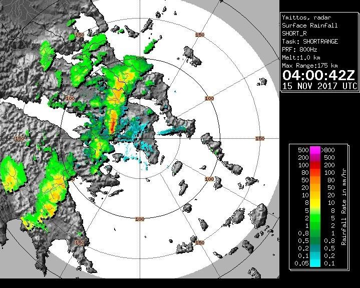 Ύψος αθροιστικού υετού από το ραντάρ Υμηττού για το χρονικό διάστημα 17.00 της 14/11/17 έως 17.00 της 15/11/17 Ραγδαιότητα υετού για τις 06.
