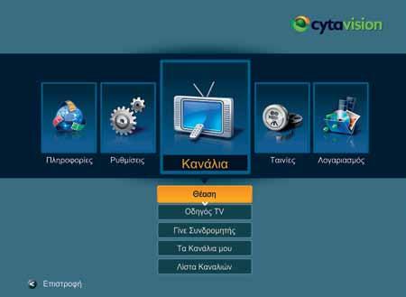 4Οι χώpoι πλoήγησης της Cytavision 1. Κανάλια/Channels 2. Ταινίες/Movies 3. Λογαριασμός/My Account 4. Πληροφορίες/Info 5. Ρυθμίσεις/Settings 6. Παιχνίδια/Games (Σύντομα κοντά σας) 4.
