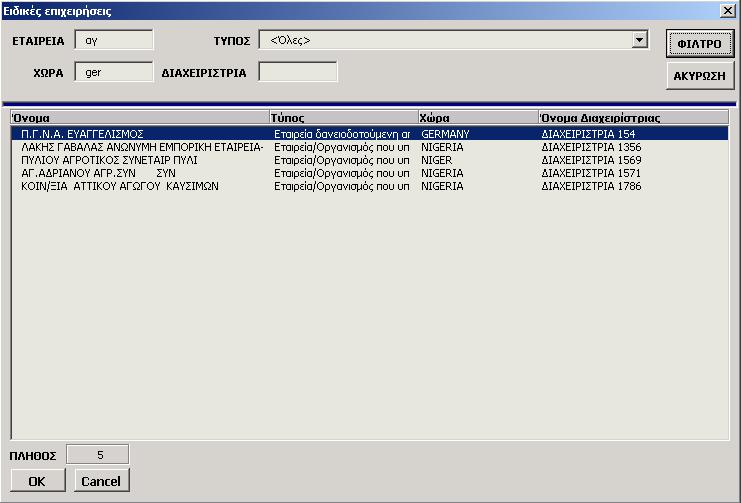 Στο επάνω μέρος της φόρμας υπάρχουν τέσσερα (4) πεδία τα οποία μπορούν να χρησιμοποιηθούν για τον περιορισμό του πλήθους των εταιρειών (φιλτράρισμα).
