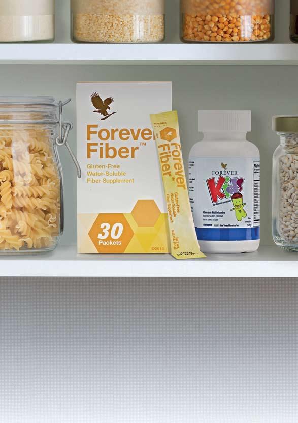 Forever Fiber Φυτικές ίνες σε πρακτικά ατομικά φακελάκια από τέσσερις διαφορετικού τύπου φυτικές ίνες, συμπεριλαμβανομένων φρουκτοολιγοσακχαριτών που δρουν ως πρεβιοτικό.