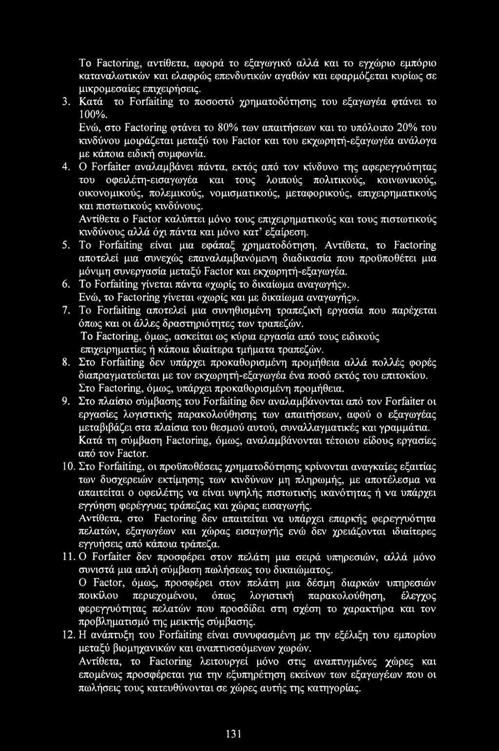 Ενώ, στο Factoring φτάνει το 80% των απαιτήσεων και το υπόλοιπο 20% του κινδύνου μοιράζεται μεταξύ του Factor και του εκχωρητή-εξαγωγέα ανάλογα με κάποια ειδική συμφωνία. 4.