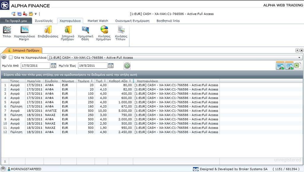 Ιστορικό Πράξεων Στην οθόνη Ιστορικό Πράξεων έχετε τη δυνατότητα να εμφανίσετε όλες τις εκτελεσμένες συναλλαγές ανά μετοχή που αφορούν στα Χαρτοφυλάκια που διατηρείτε.