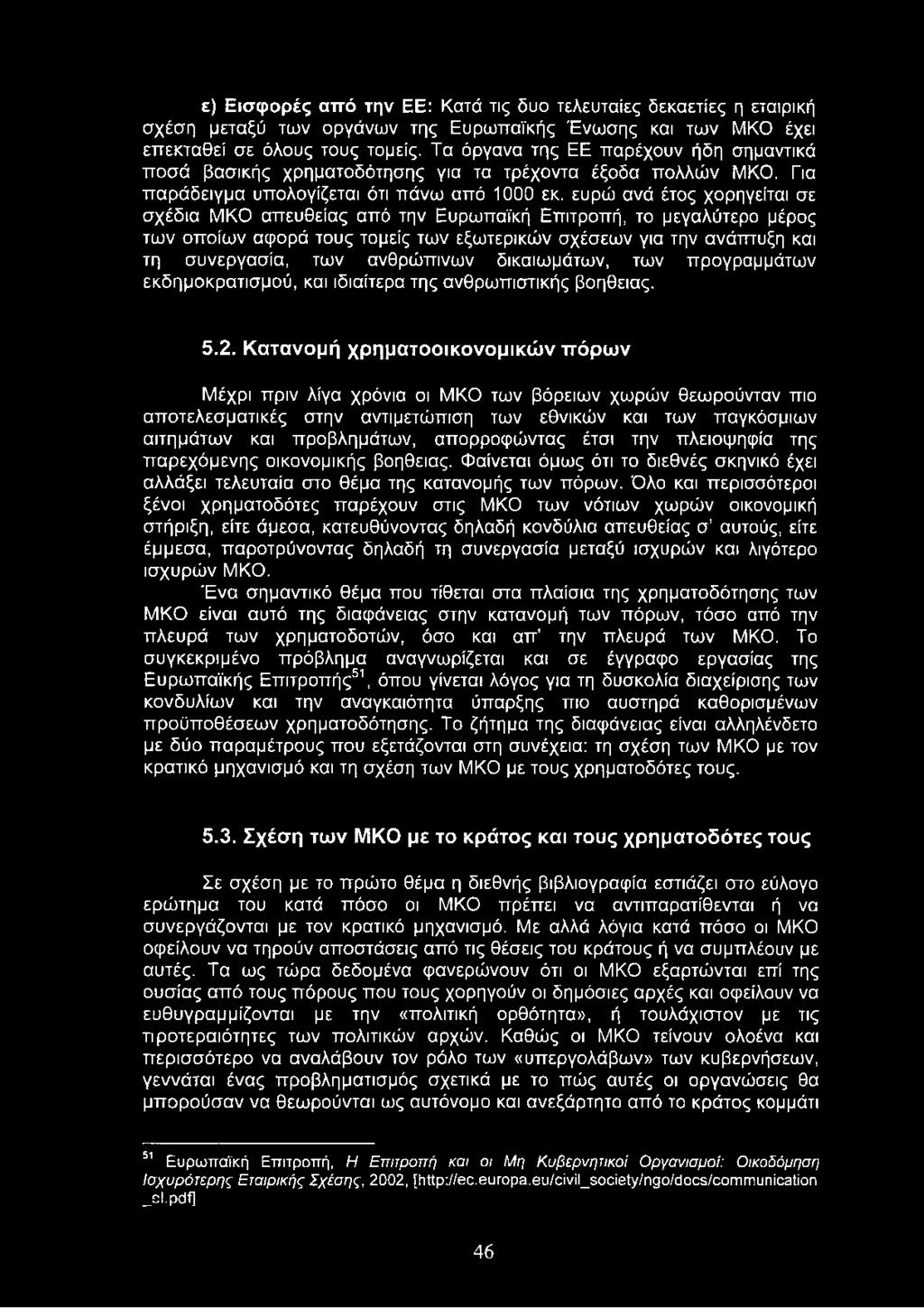 ευρώ ανά έτος χορηγείται σε σχέδια ΜΚΟ απευθείας από την Ευρωπαϊκή Επιτροπή, το μεγαλύτερο μέρος των οποίων αφορά τους τομείς των εξωτερικών σχέσεων για την ανάπτυξη και τη συνεργασία, των ανθρώπινων