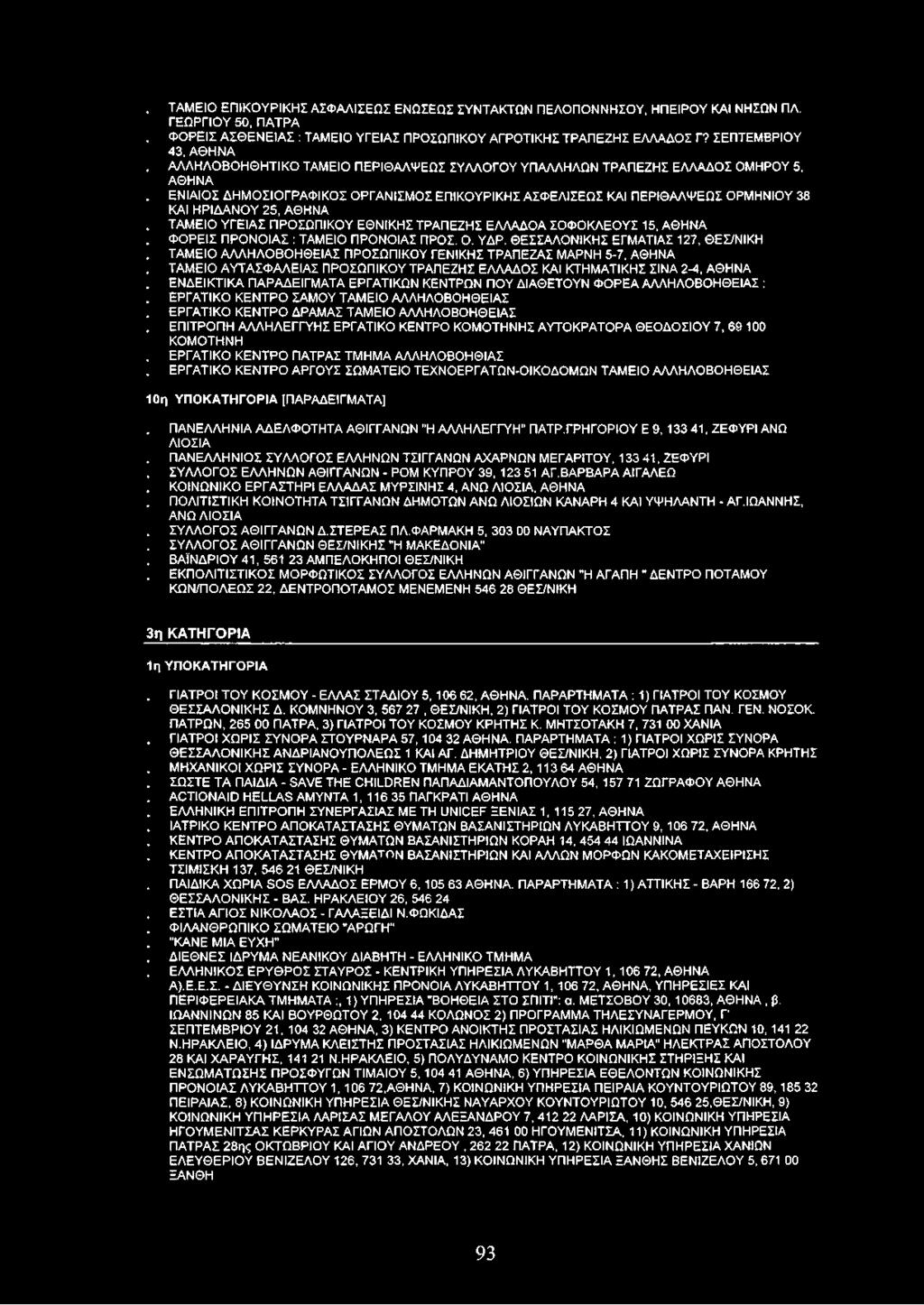 ΕΝΙΑΙΟΣ ΔΗΜΟΣΙΟΓΡΑΦΙΚΟΣ ΟΡΓΑΝΙΣΜΟΣ ΕΠΙΚΟΥΡΙΚΗΣ ΑΣΦΕΛΙΣΕΩΣ ΚΑΙ ΠΕΡΙΘΑΛΨΕΩΣ ΟΡΜΗΝΙΟΥ 38 ΚΑΙ ΗΡΙΔΑΝΟΥ 25, ΑΘΗΝΑ. ΤΑΜΕΙΟ ΥΓΕΙΑΣ ΠΡΟΣΩΠΙΚΟΥ ΕΘΝΙΚΗΣ ΤΡΑΠΕΖΗΣ ΕΛΛΑΔΟΑ ΣΟΦΟΚΛΕΟΥΣ 15, ΑΘΗΝΑ.