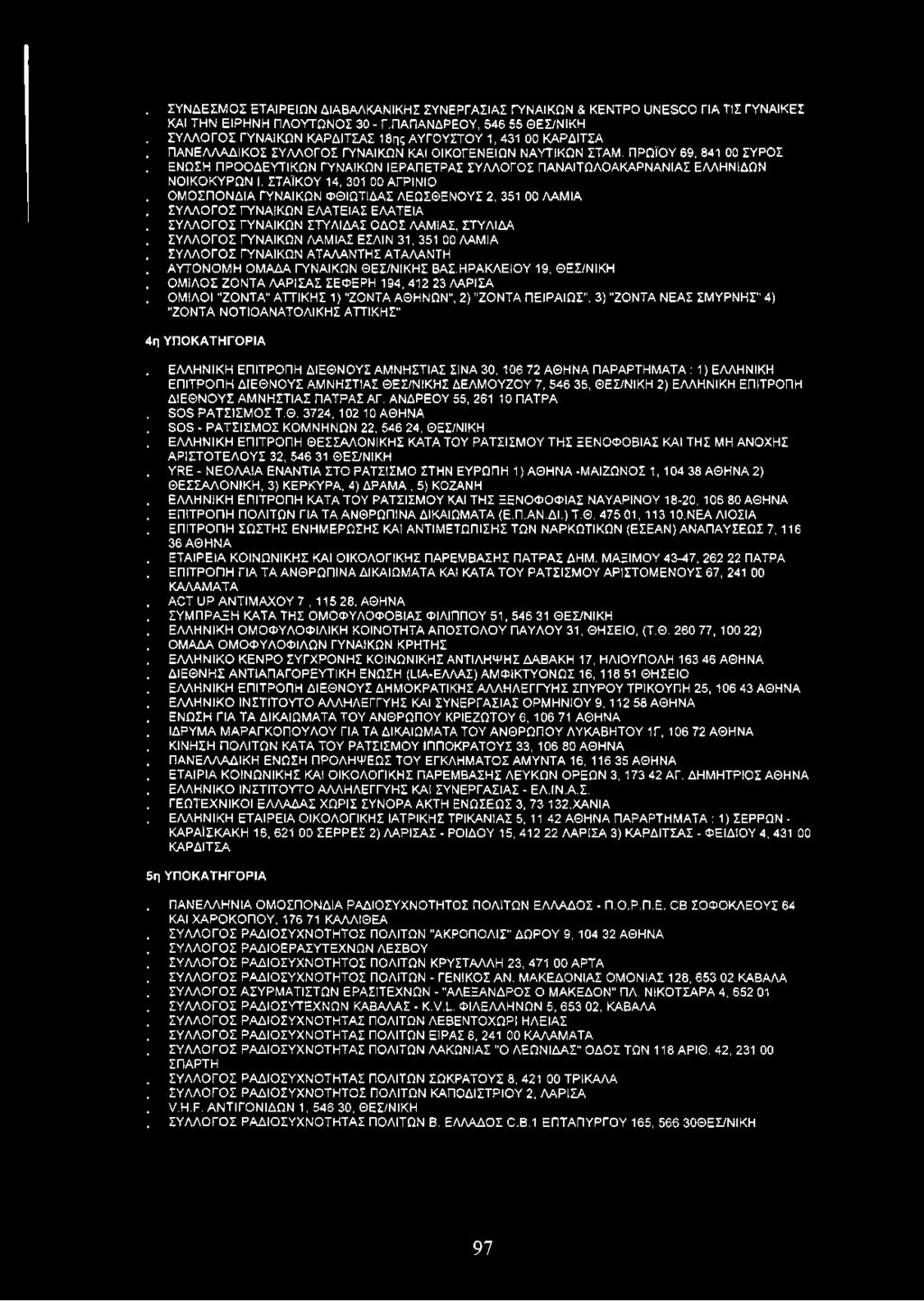 ΕΝΩΣΗ ΠΡΟΟΔΕΥΤΙΚΩΝ ΓΥΝΑΙΚΩΝ ΙΕΡΑΠΕΤΡΑΣ ΣΥΛΛΟΓΟΣ ΠΑΝΑΙΤΩΛΟΑΚΑΡΝΑΝIΑΣ ΕΛΛΗΝΙΔΩΝ ΝΟΙΚΟΚΥΡΩΝ I, ΣΤΑΪΚΟΥ 14, 301 00 ΑΓΡΙΝΙΟ. ΟΜΟΣΠΟΝΔΙΑ ΓΥΝΑΙΚΩΝ ΦΘΙΩΤΙΔΑΣ ΛΕΩΣΘΕΝΟΥΣ 2, 351 00 ΛΑΜΙΑ.