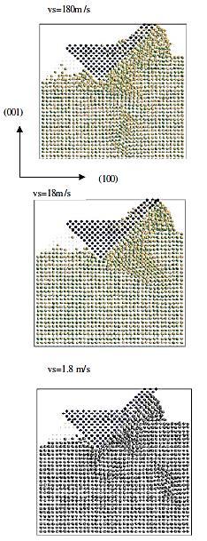 Εικόνα 4.13: Τελικές διαμορφώσεις μετά την προσομοίωση μοριακής δυναμικής κατά την νανοκοπή επιφάνειας (001) χαλκού με άκαμπτο εργαλείο γωνίας αποβλίττου -45 ο, για ταχύτητες κοπής 180, 18 και 1.