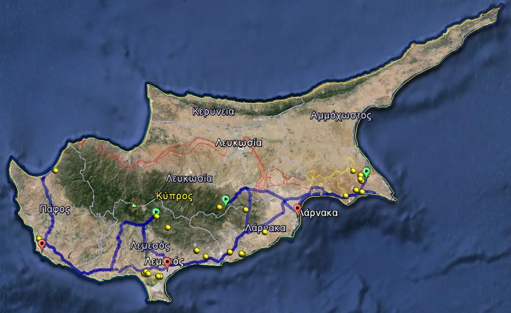11. Χιλιομετρικές αποστάσεις από τα λιμάνια και αεροδρόμια της Κύπρου Οδικό δίκτυο μεταφοράς αγροτικών προϊόντων από τις περιοχές παραγωγής τους σε λιμάνια (Λεμεσού και Λάρνακας) και αεροδρόμια