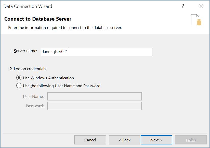 Εικόνα 5 Επιλογή server βάσης δεδομένων Το Excel