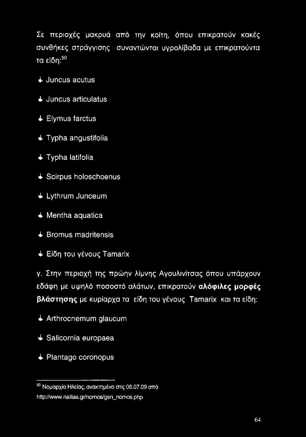 Στην περιοχή της πρώην λίμνης Αγουλινίτσας όπου υπάρχουν εδάφη με υψηλό ποσοστό αλάτων, επικρατούν αλόφιλες μορφές βλάστησης με κυρίαρχα τα είδη του γένους Tamarix