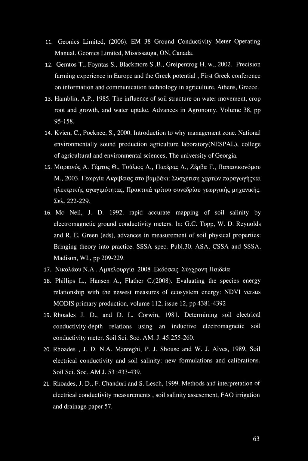 The influence of soil structure on water movement, crop root and growth, and water uptake. Advances in Agronomy. Volume 38, pp 95-158. 14. Kvien, C., Pocknee, S., 2000.