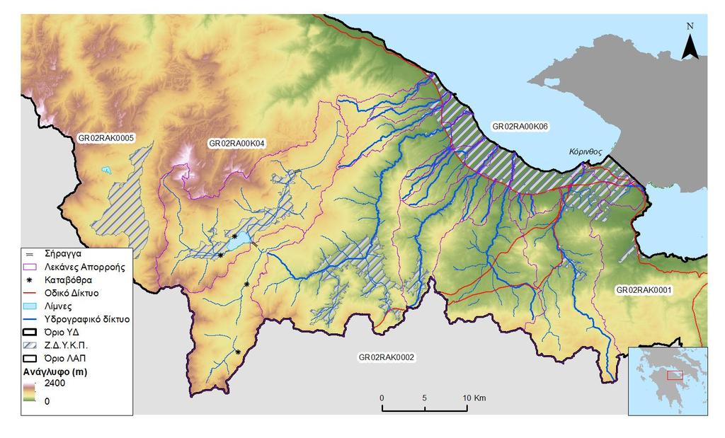 Σχήμα 4.6: Υδατορεύματα και λεκάνες απορροής της ΖΔΥΚΠ «Χαμηλή ζώνη ρεμάτων παραλίας Β. Πελοποννήσου από το Κιάτο έως την Κόρινθο» GR02RAK0006 Πίνακας 4.