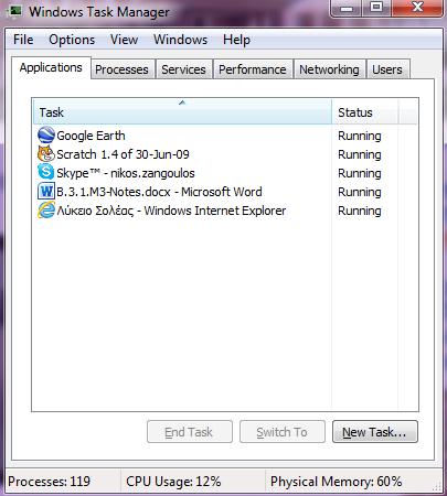 Β.3 Λειτουργικά Συστήματα Β.3.M3 (β) Κλικ στο Start Task Manager Εναλλακτικά, θα μπορούσαμε να ενεργοποιήσουμε τον Διαχειριστή Έργου πατώντας ταυτόχρονα τα πλήκτρα Ctrl + Shift + Esc από το πληκτρολόγιό μας.