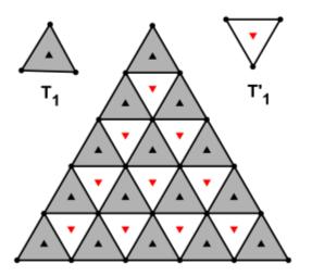Πόσα συνολικά ισόπλευρα τρίγωνα (που οι πλευρές τους είναι παράλληλες με τις πλευρές του αρχικού τριγώνου) ορίζονται (δημιουργούνται) μετά από αυτό το χωρισμό; Λύση Σε κάθε πλευρά του τριγώνου