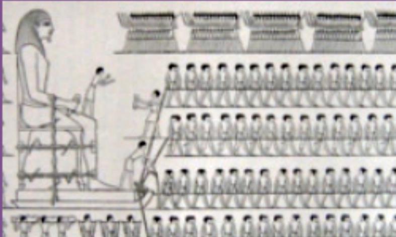 Αποτύπωση της μεταφοράς του αγάλματος ηγεμόνα. Το σχέδιο απεικονίζει την τεράστια ποσότητα εργασίας που προσφέρουν οι δούλοι προκειμένου να μεταφερθούν τα τεράστια αγάλματα των βασιλιάδων της εποχής.