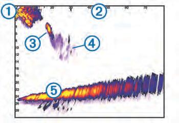 Προβολή σόναρ με διαχωρισμό συχνότητας Στην προβολή σόναρ με διαχωρισμό συχνότητας, στη μία πλευρά της οθόνης εμφανίζεται ένα πλήρες γράφημα των δεδομένων σόναρ υψηλής συχνότητας και στην άλλη πλευρά