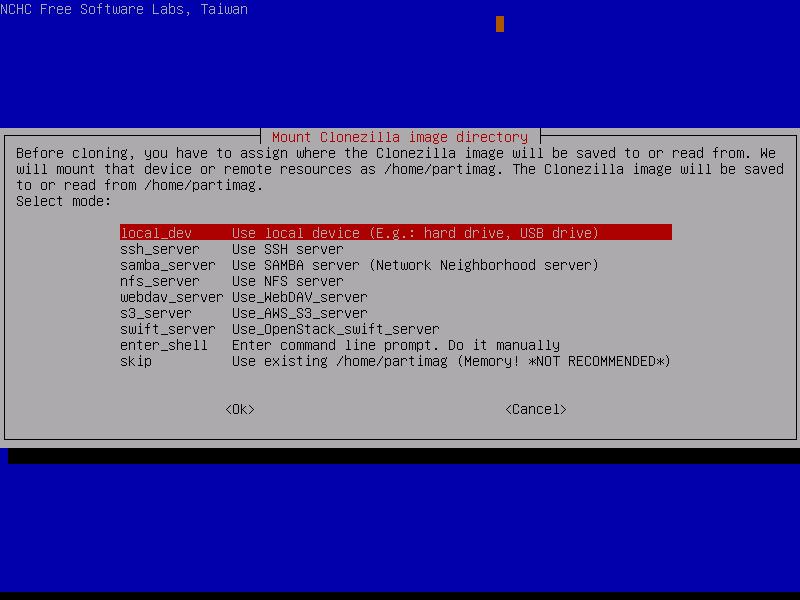 CloneZilla Οθόνη επιλογής σημείο αποθήκευσης, πχ η επιλογή local_dev αντιστοιχεί στην αποθήκευση της εικόνας του δίσκου που επιθυμούμε να