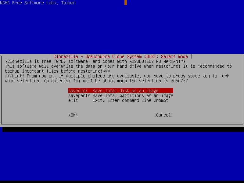 CloneZilla Οθόνη επιλογής συνόλου ή τμήματος δίσκου, πχ η επιλογή savedisk αντιστοιχεί στην