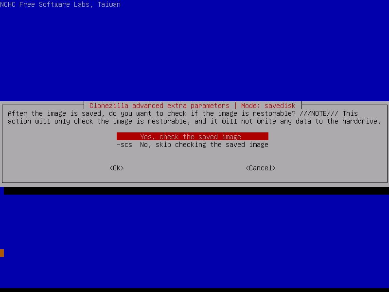 CloneZilla Οθόνη επιλογής ελέγχου της εικόνας αντιγράφου, πχ η επιλογή Yes