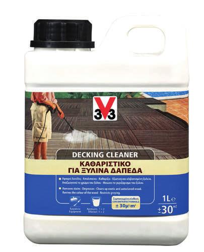 Λάδια για Ξύλινες Βεράντες DECKING CLEANER Καθαριστικό για ξύλινα δάπεδα 3 0 ΚΑΘΑΡΙΣΜΟΣ ΝΕΡΟ ΕΦΑΡΜΟΓΗ: ΠΙΕΣΤΙΚΟ, ΣΚΟΥΠΑ Συμπυκνωμένο απορρυπαντικό με σύνθεση για εξωτερικά ξύλινα δάπεδα και