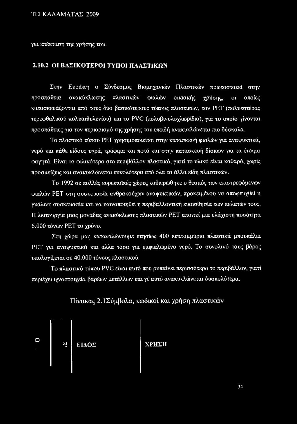 βασικότερους τύπους πλαστικών, τον ΡΕΤ (πολυεστέρας τερεφθαλικού πολυαιθυλενίου) και το PVC (πολυβινυλοχλωρίδιο), για το οποίο γίνονται προσπάθειες για τον περιορισμό της χρήσης του επειδή