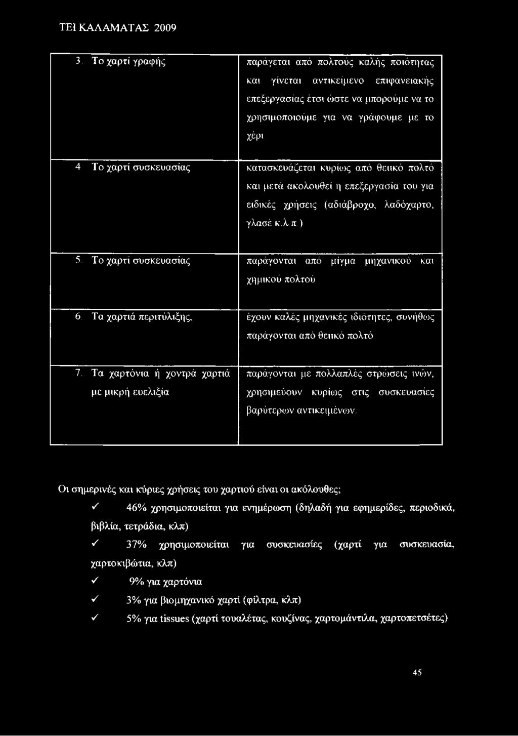 Οι σημερινές και κύριες χρήσεις του χαρτιού είναι οι ακόλουθες; S 46% χρησιμοποιείται για ενημέρωση (δηλαδή για εφημερίδες, περιοδικά, βιβλία, τετράδια, κλπ) S 37%