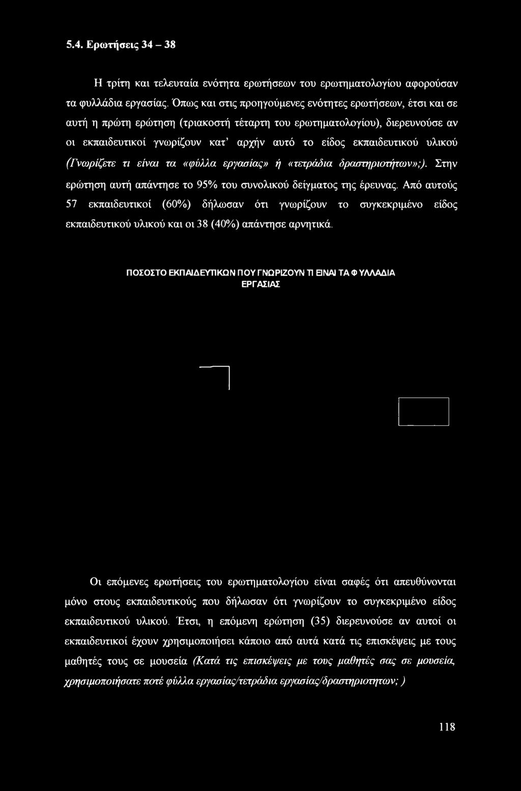 εκπαιδευτικού υλικού (Γνωρίζετε τι είναι τα «φύλλα εργασίας» ή «τετράδια δραστηριοτήτων»;). Στην ερώτηση αυτή απάντησε το 95% του συνολικού δείγματος της έρευνας.