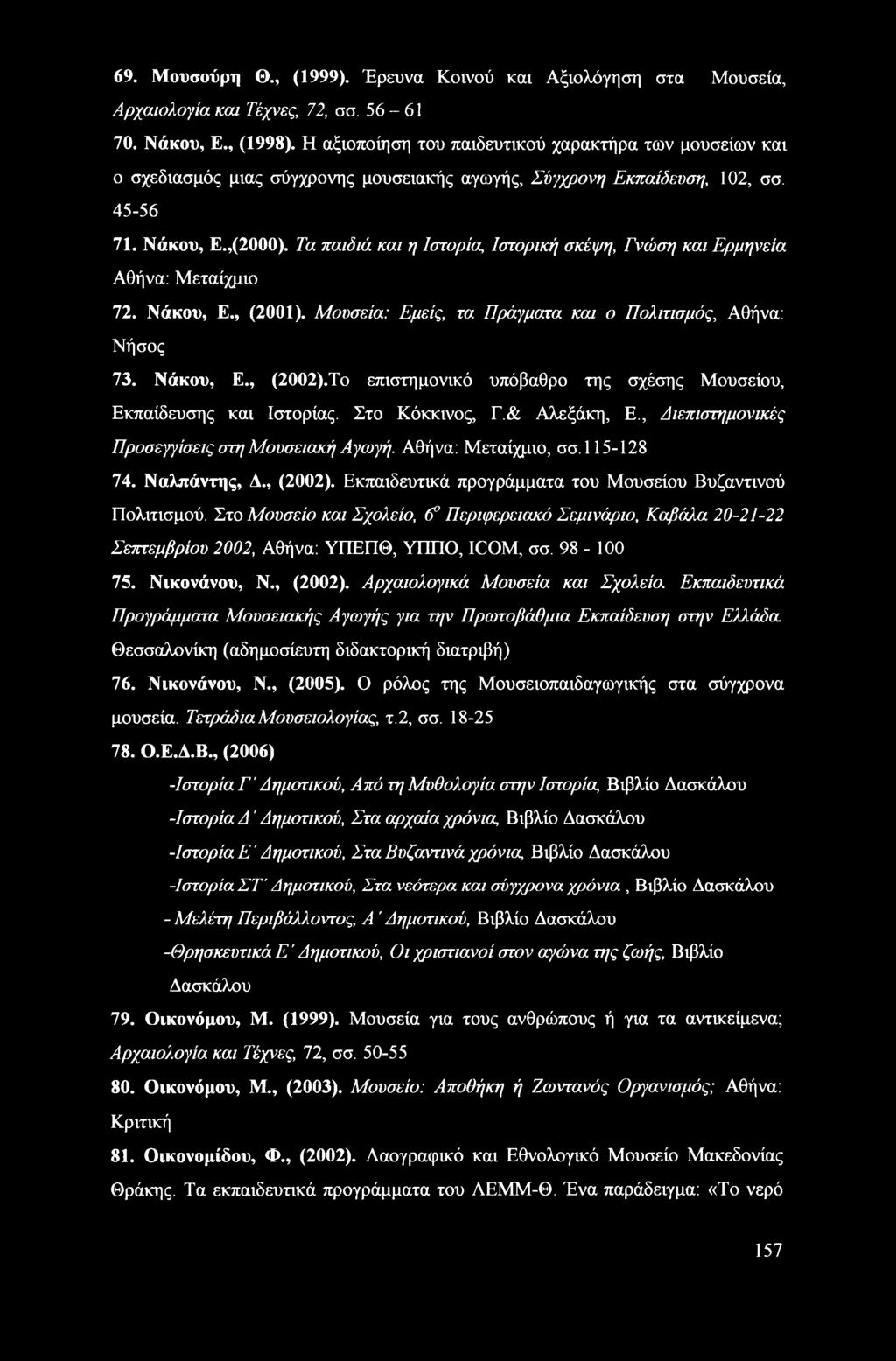 Τα παιδιά και η Ιστορία, Ιστορική σκέψη, Γνώση και Ερμηνεία Αθήνα: Μεταίχμιο 72. Νάκου, Ε., (2001). Μουσεία: Εμείς, τα Πράγματα και ο Πολιτισμός, Αθήνα: Νήσος 73. Νάκου, Ε., (2002).