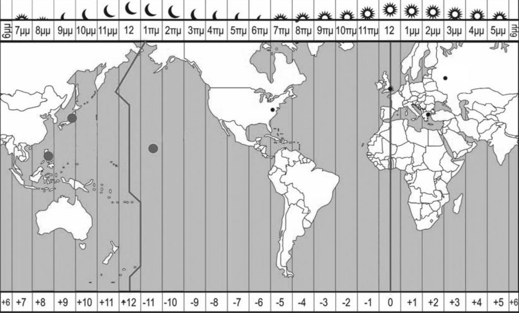 A.1.2 Με τον όρο «ωριαία άτρακτος» (ή ζώνη ώρας) εννοούμε μια ζώνη της επιφάνειας της Γης κατά τη διεύθυνση ενός μεσημβρινού.
