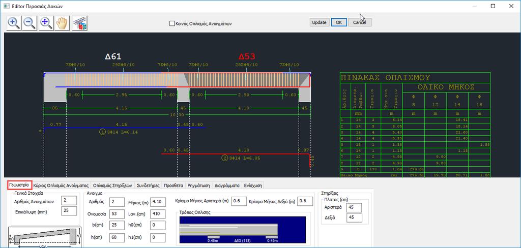 1. Γεωμετρία Η πρώτη ενότητα του Editor των δοκών αφορά τη γεωμετρία του. Περιλαμβάνει πληροφορίες για τα Ανοίγματα και τις Στηρίξεις του αναπτύγματος, καθώς και Γενικά στοιχεία.