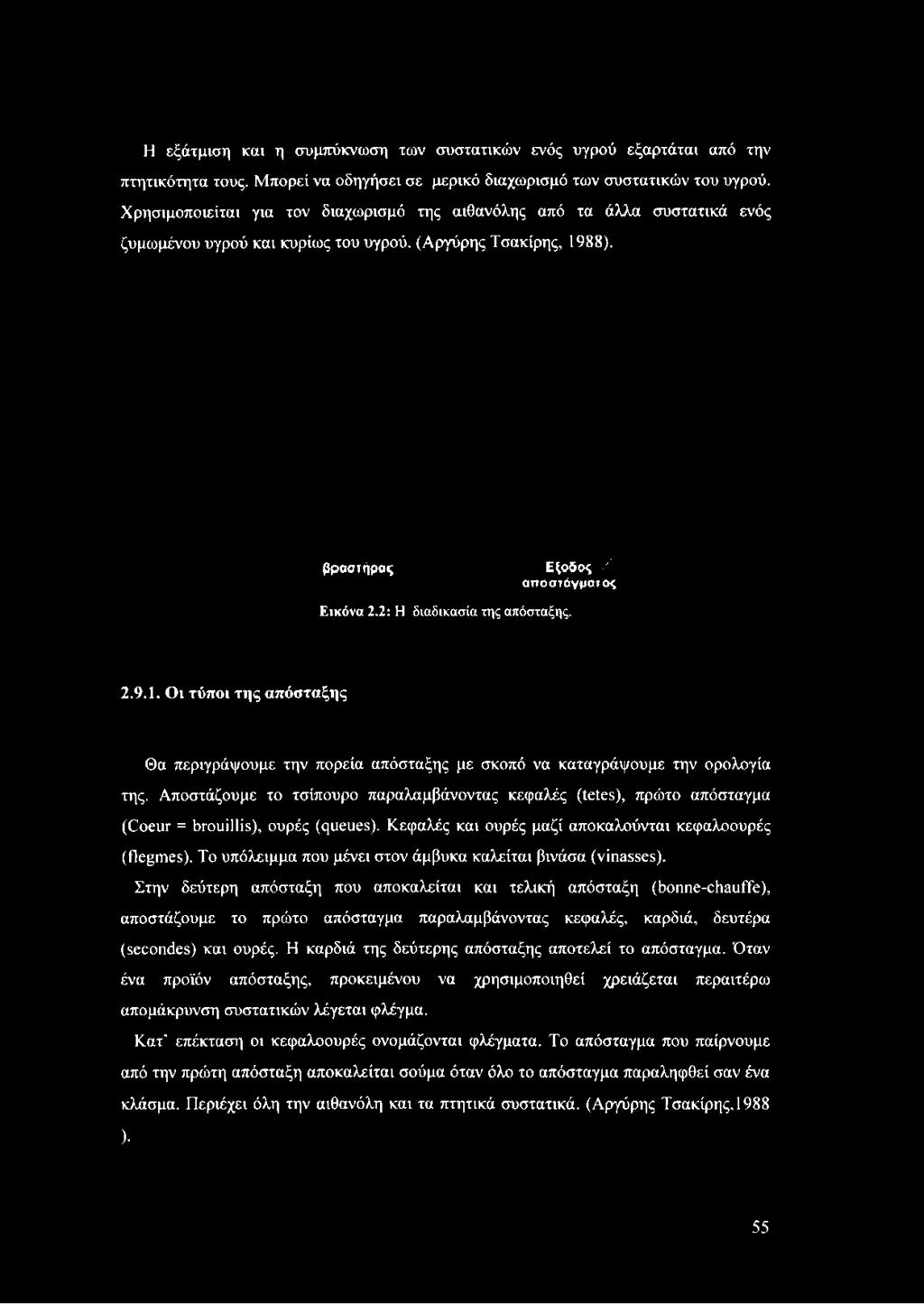 Αποστάζουμε το τσίπουρο παραλαμβάνοντας κεφαλές (tetes), πρώτο απόσταγμα (Coeur = brouillis), ουρές (queues).