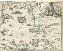 1417 DAPPER O. INSULARUM ARCHIPELAGI SEPTENTRIONALIS sen Maris Aegaei Accurata Delinatio. 1688. Χαλκόγραφος χάρτης του βορείου αιγαίου πελάγος με εικόνες πλοίων.