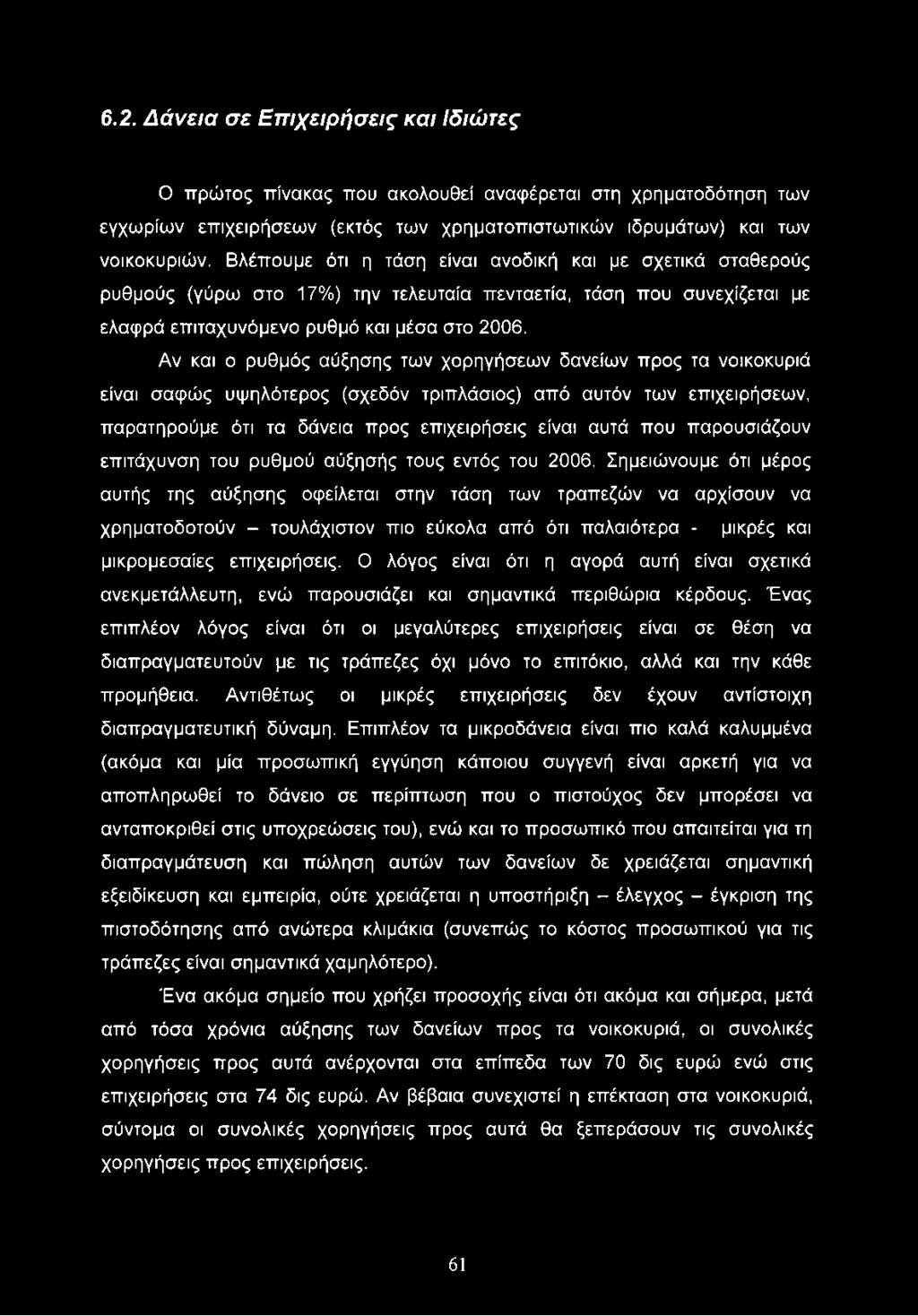 6.2. Δάνεια σε Επιχειρήσεις και Ιδιώτες Ο πρώτος πίνακας που ακολουθεί αναφέρεται στη χρηματοδότηση των εγχωρίων επιχειρήσεων (εκτός των χρηματοπιστωτικών ιδρυμάτων) και των νοικοκυριών.