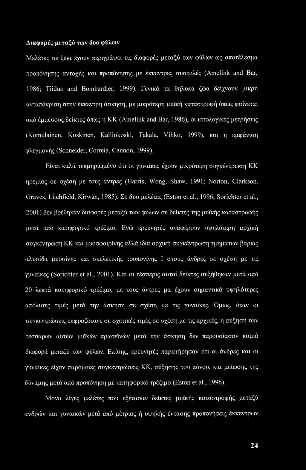 Γενικά τα θηλυκά ζώα δείχνουν μικρή ανταπόκριση στην έκκεντρη άσκηση, με μικρότερη μυϊκή καταστροφή όπως φαίνεται από έμμεσους δείκτες όπως η ΚΚ (Amelink and Bar, 1986), οι ιστολογικές μετρήσεις