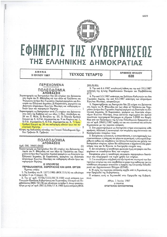 Τον Απρίλιο του 1988, σύμφωνα με την υπουργική απόφαση ΥΠΠΟ/ΔΙΛΑΠ/Γ/2919/12007/15.3.1988 [ΦΕΚ 211 Β /21.4.
