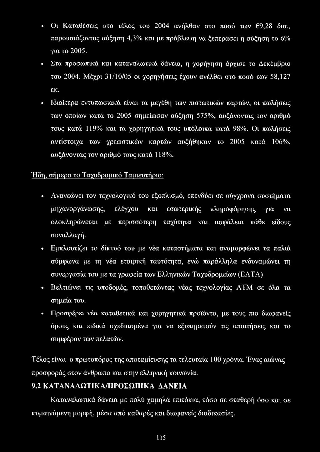Ιδιαίτερα εντυπωσιακά είναι τα μεγέθη των πιστωτικών καρτών, οι πωλήσεις των οποίων κατά το 2005 σημείωσαν αύξηση 575%, αυξάνοντας τον αριθμό τους κατά 119% και τα χορηγητικά τους υπόλοιπα κατά 98%.
