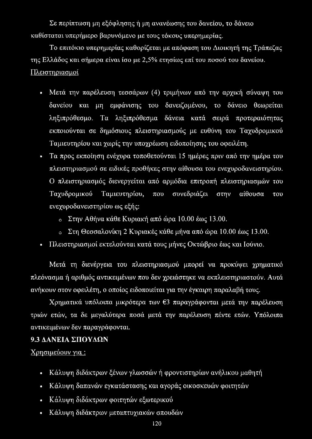 Πλειστηριασμοί Μετά την παρέλευση τεσσάρων (4) τριμήνων από την αρχική σύναψη του δανείου και μη εμφάνισης του δανειζομένου, το δάνειο θεωρείται ληξιπρόθεσμο.