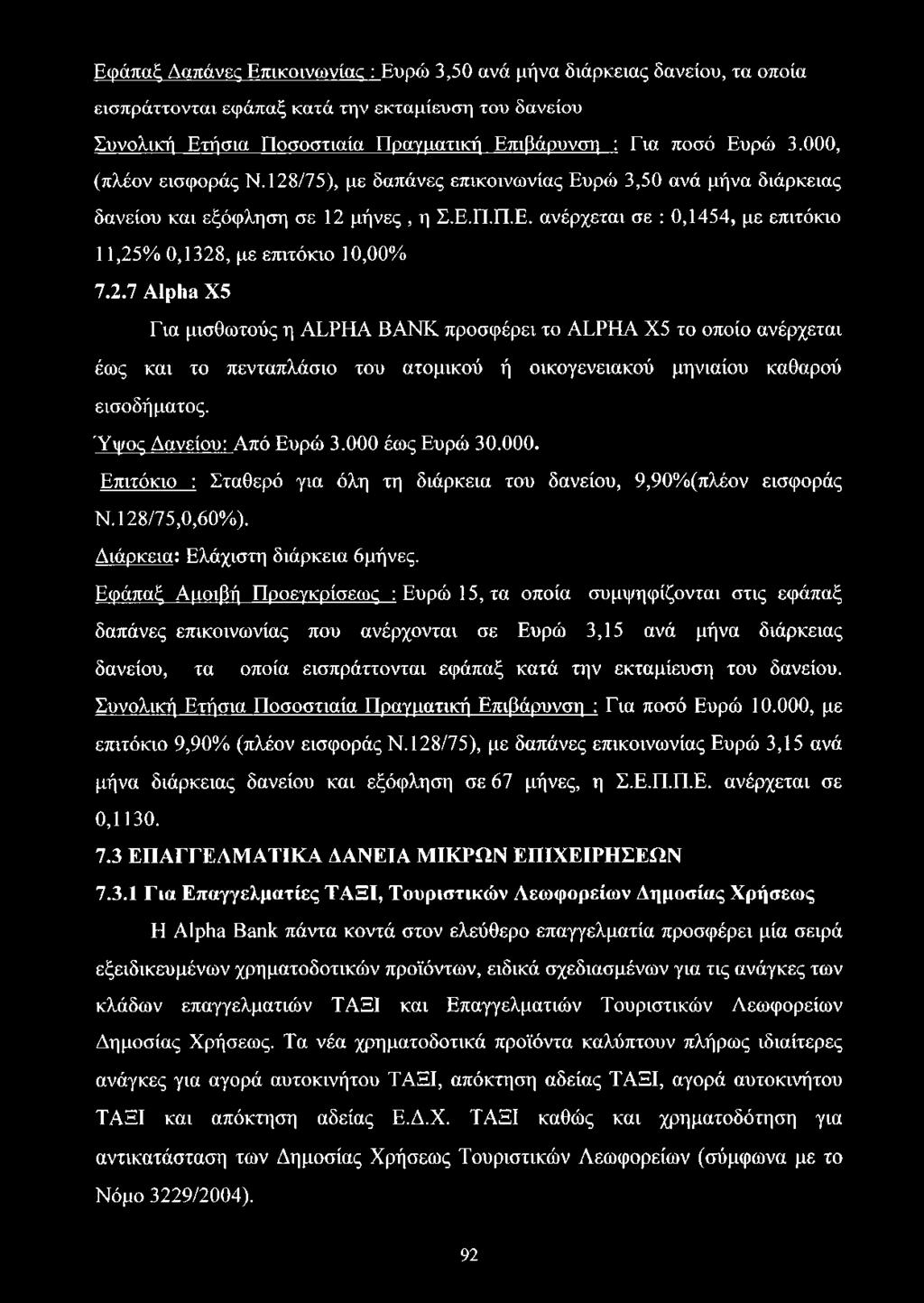 2.7 Alpha Χ5 Για μισθωτούς η ALPHA BANK προσφέρει το ALPHA Χ5 το οποίο ανέρχεται έως και το πενταπλάσιο του ατομικού ή οικογενειακού μηνιαίου καθαρού εισοδήματος. Ύψος Δανείου: Από Ευρώ 3.
