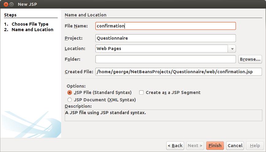 Δημιουργία της confirmation.jsp: 2ο βήμα Στο 2ο βήμα στο όνομα αρχείου δίνουμε confirmation χωρίς επέκταση (θα μπει αυτόματα η επέκταση jsp από το NetBeans.