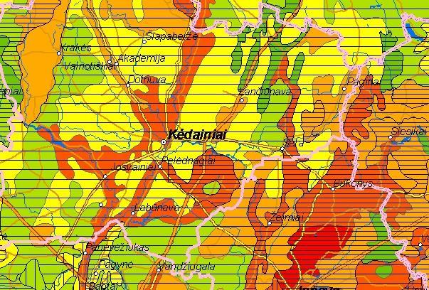 Kraštovaizdžio technomorfotopų struktūra: Plotinės technogenizacijos tipas pramoninio-gyvenamojo užsatymo; Infrastruktūros tinklo tankumas