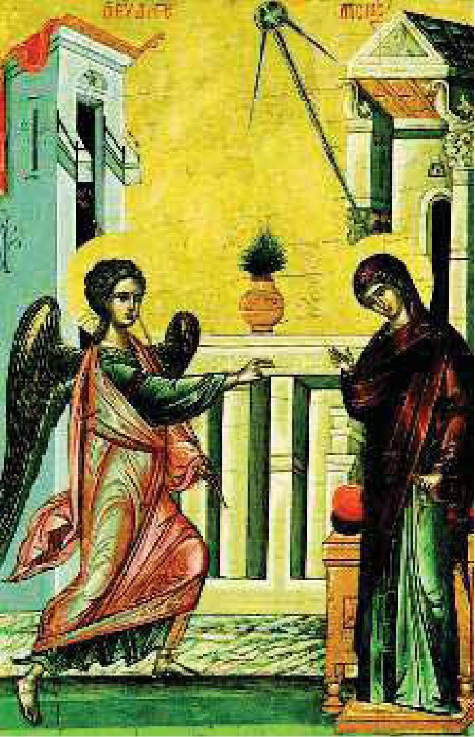 Στην εικόνα του Ευαγγελισμού της Ανατολικής Εκκλησίας ο άγγελος κρατάει σκήπτρο. Συμβολίζει την εξουσία που του έδωσε ο Θεός, για να μεταφέρει το θέλημά του.