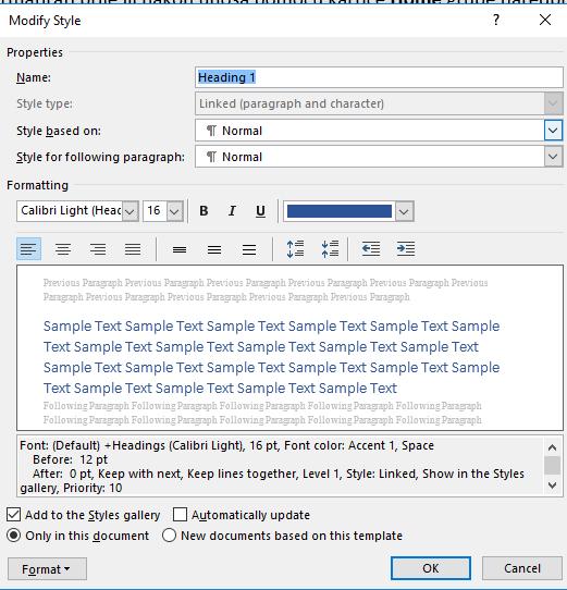 Obrada teksta MS Word 2016 Slika 12 Okvir za modificiranje stilova Novi
