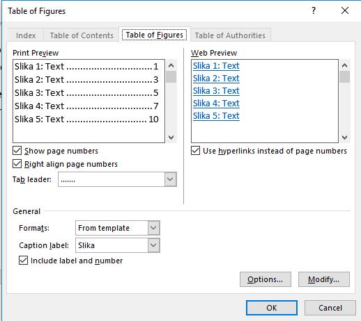 Obrada teksta MS Word 2016 Slika 34 Popis slika i tablica Iz otvorenog prozora moramo odabrati Caption label ovisno o tome želimo li popis slika ili tablica. 2.27 Izrada tablice sadržaja Kako bi izradili sadržaj našeg dokumenta potrebno je sve naslove u tekstu postaviti pod stil Heading 1, Heading 2, Heading 3.