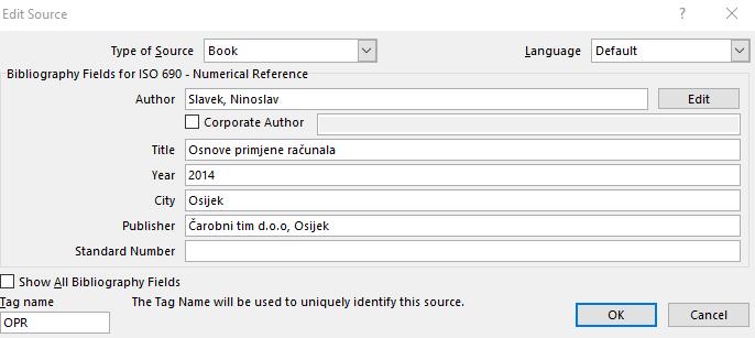 Obrada teksta MS Word 2016 Unos podatka o knjizi izgleda ovako: Prilikom pisanja teksta i potrebe za citiranjem