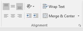 Proračunske tablice MS Excel 2016 3.6 Poravnanja U kartici Home u dijelu Alignment imamo grupu naredbi koja se odnosi na u podataka u ćelijama.