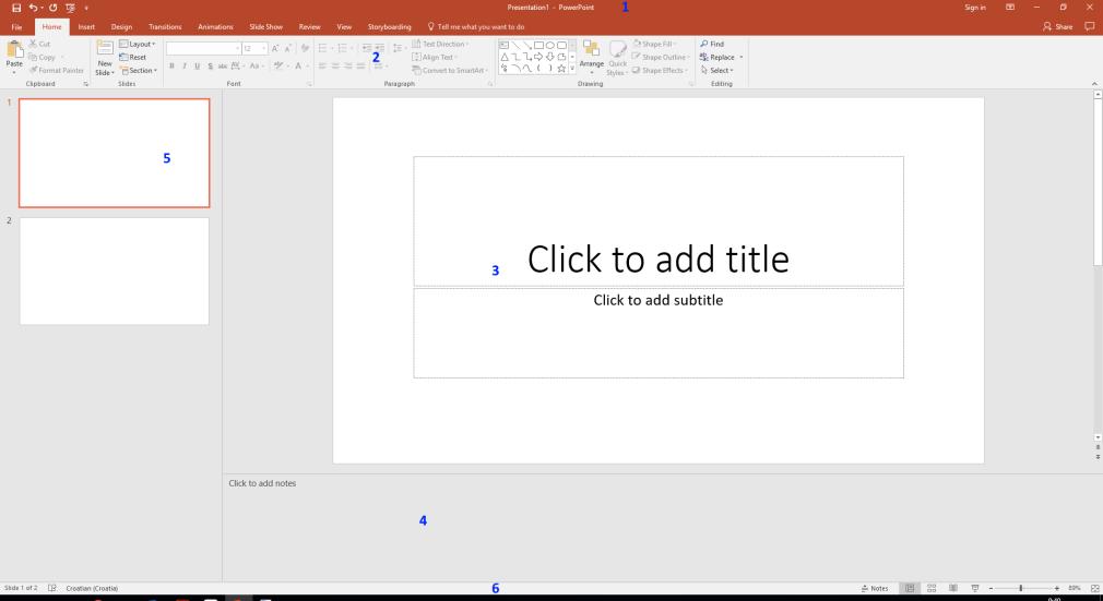 Izrada multimedijskih prezentacija MS PowerPoint 2016 4.3 Sučelje MS PowerPoint 2016 Otvaranjem programa Microsoft PowerPoint dokumenta dobit ćete novi prozor koji se sastoji od više elemenata.