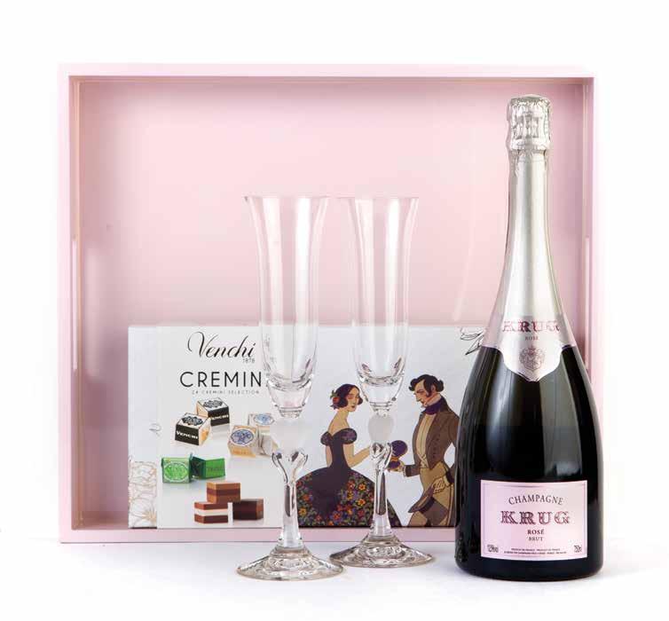 72 / 73 δώρο γάμου Κωδικός 124 Δίσκος λάκα 1 Champagne Krug Rose Σοκολατάκια Cremini Selection