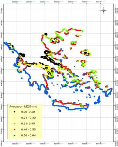 4m/s που αντιστοιχεί σε ένταση 10 Beaufort διάρκεια πνοής της παραπάνω ταχύτητας ανέμου 15 ώρες Με την ανωτέρω ανάλυση προέκυψαν τα παρακάτω αποτελέσματα ως προς το ύψος του κύματος στην ακτογραμμή