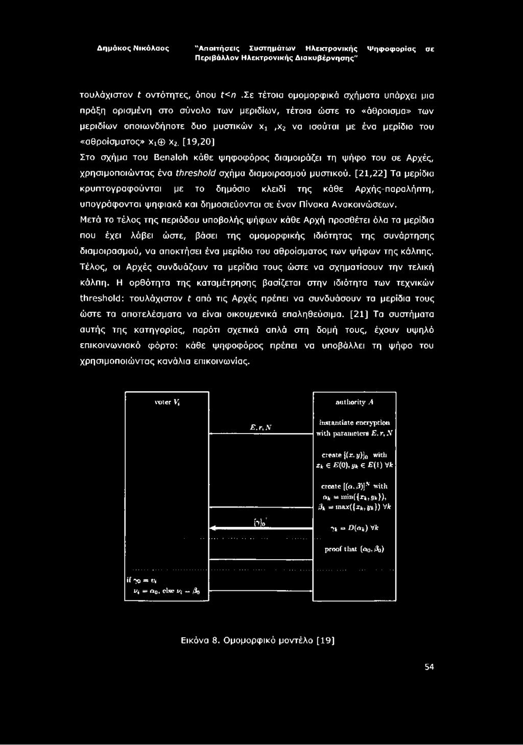 χ2. [19,20] Στο σχήμα του Benaloh κάθε ψηφοφόρος διαμοιράζει τη ψήφο του σε Αρχές, χρησιμοποιώντας ένα threshold σχήμα διαμοιρασμού μυστικού.