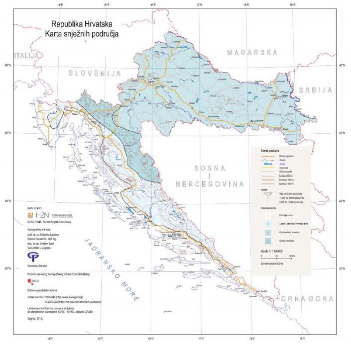 Tablica 4.5 Karta snježnih područja Republike Hrvatske (HRN EN 1991-1-3) Nadmorska visina do [m] I. područje priobalje i otoci [kn/m2] II. područje zaleđe Dalmacije, Primorja i Istre [kn/m2] III.